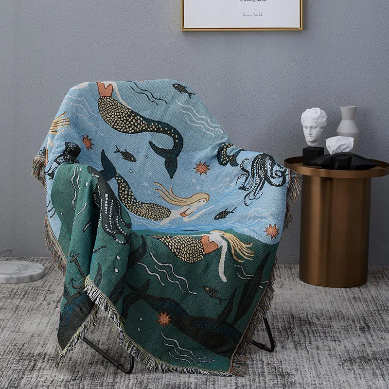 Rynx | Textile City Nordic Style Throw Blanket Mermaid Pattern Blanket for Bed Living Room Tapestry Carpet Sofa Bedspread Bedding