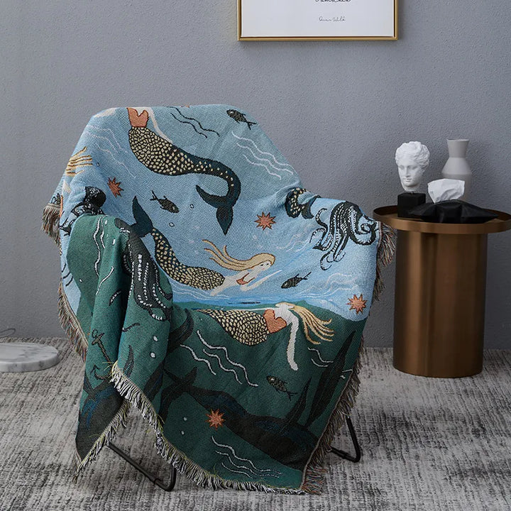 Rynx | Textile City Nordic Style Throw Blanket Mermaid Pattern Blanket for Bed Living Room Tapestry Carpet Sofa Bedspread Bedding