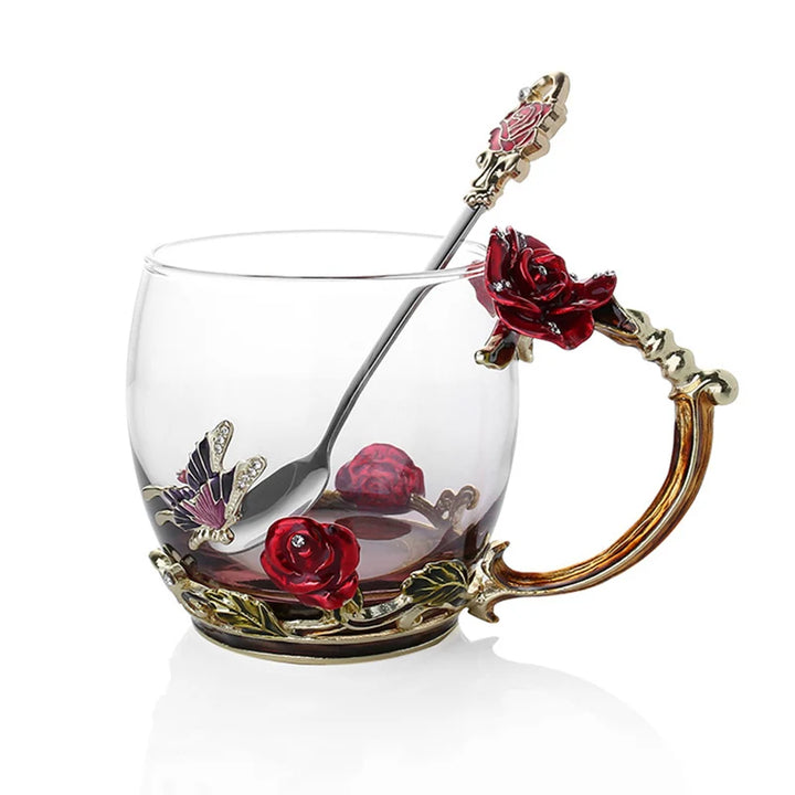 Lisslune | Handcrafted Enamel Coffee Mugs Rose-Glass Tea Cup with Steel Spoon Luxury Unique Gifts for Wedding Valentine's Day Birthday Gifts