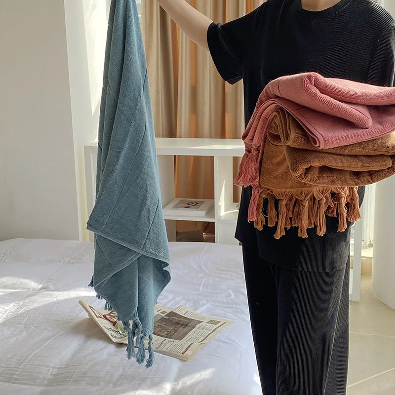 Rynx | Hand-knotted tassel made of pure cotton towel super absorbent household face bath towels bedspread women outdoor blanket