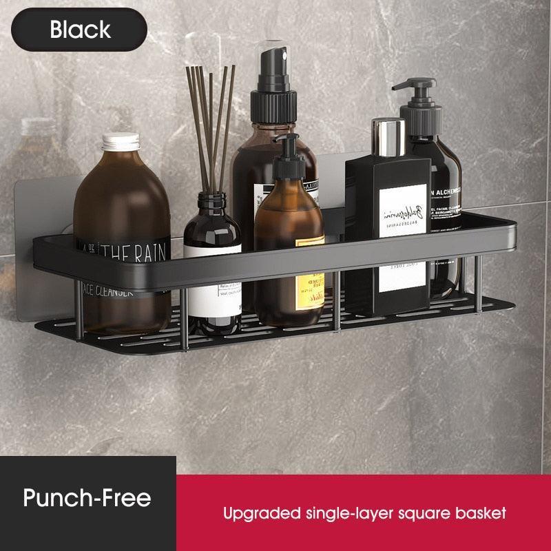 Lisslune | Modern black bathroom storage caddy made of stainless steel with towel holder and superior drainage system