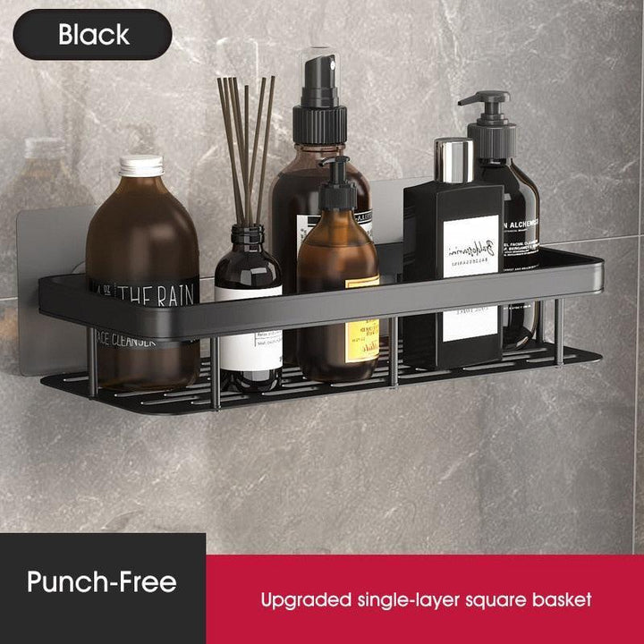 Lisslune | Modern black bathroom storage caddy made of stainless steel with towel holder and superior drainage system