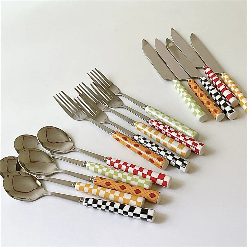Rynx | Ins Style Dessert Steak Stainless Steel Knife Fork Spoon Cutlery Checkerboard Grid Glossy Ceramic Handle 3 Pieces/Set