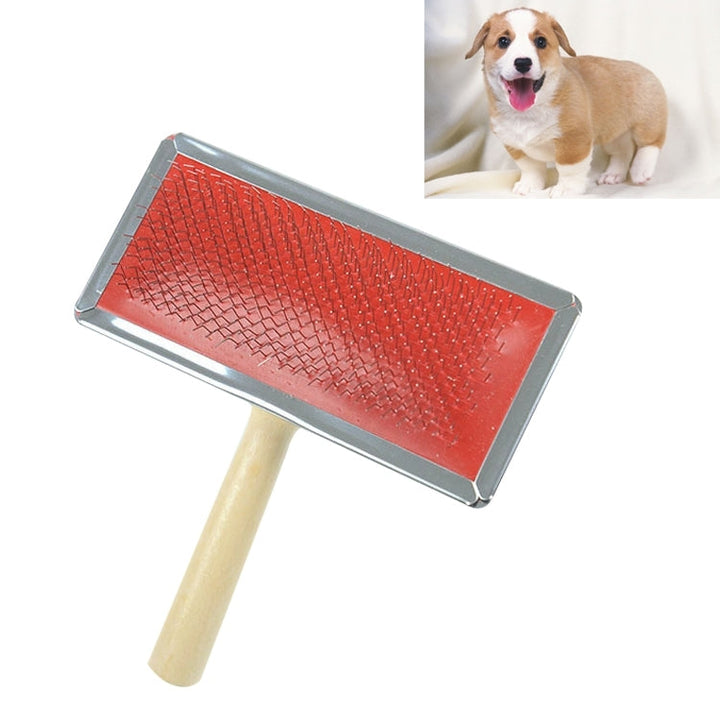 Soft curve needle-bristle care cleaning brush with wooden handle for pets, size: L, random color delivery