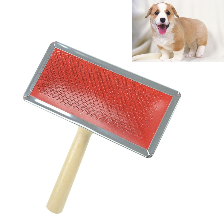 Soft curve needle-bristle care cleaning brush with wooden handle for pets, size: L, random color delivery