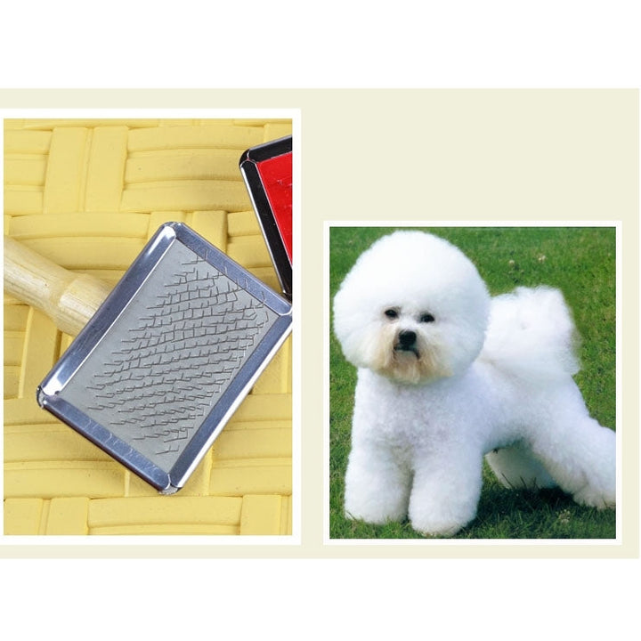 Soft curve needle-bristle care cleaning brush with wooden handle for pets, size: L, random color delivery