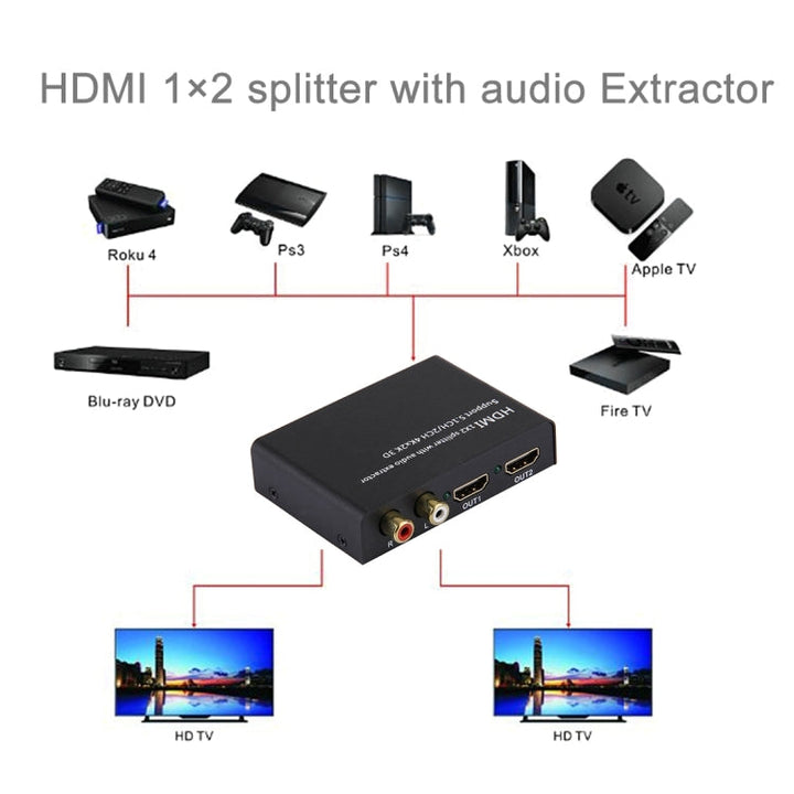 Lisslune | HDMI 1x2 Splitter with Audio Extractor, Supports 5.1CH / 2CH, 4Kx2K, 3D