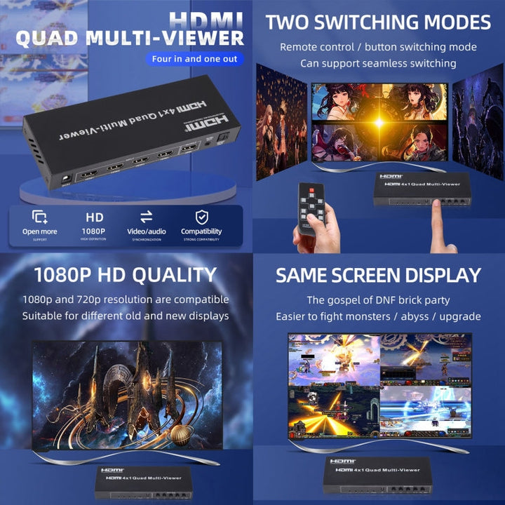 Lisslune | 4 in 1 Out HDMI Quad-Multi-Viewer with seamless switcher, UK plug