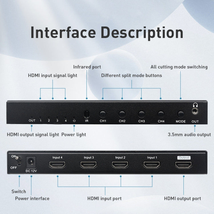 Lisslune | Measy MV4341 4K 30Hz 4 In 1 Out HDMI Quad Screen Splitter, Plug Type: US Plug (Black)