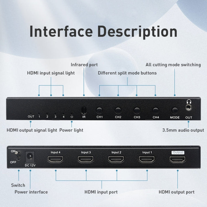 Lisslune | Measy MV4341 4K 30Hz 4 In 1 Out HDMI Quad Screen Splitter, Plug Type: EU Plug (Black)
