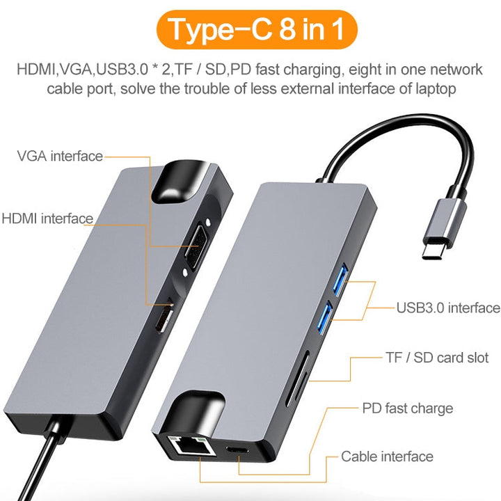 Lisslune | HW-TC12 8 In 1 Type-C / USB-C Multifunctional Expansion HUB Adapter Hdmi / Vga Hub Card Reader + Network Card