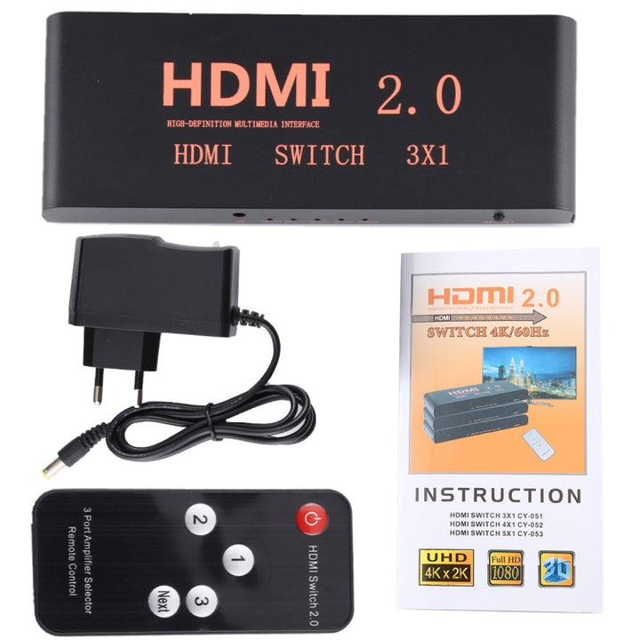Lisslune | 3X1 4K/60Hz HDMI 2.0 Switch with Remote Control, EU Plug