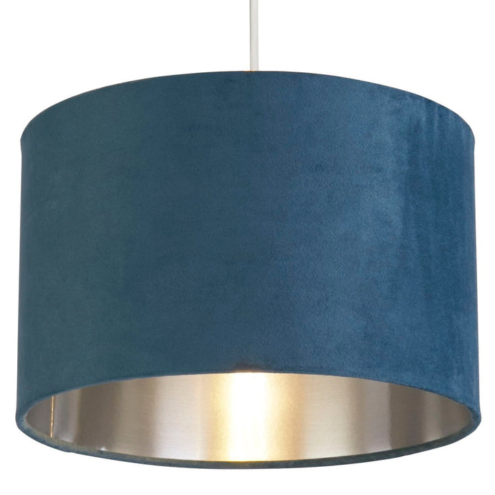 Lisslune | Teal Blue Velvet Vintage Easy Fit Drum Shade with Silver Interior 28cm