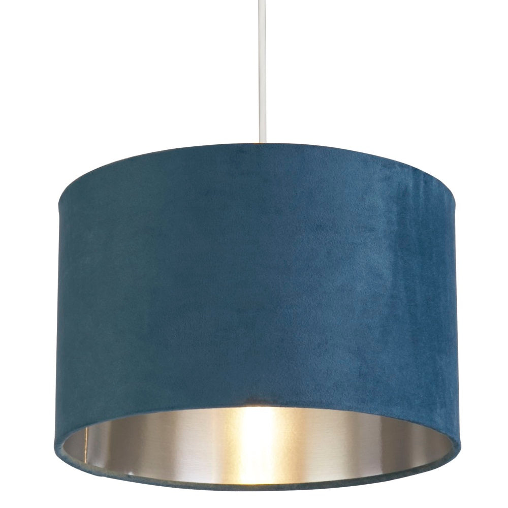 Lisslune | Teal Blue Velvet Vintage Easy Fit Drum Shade with Silver Interior 28cm