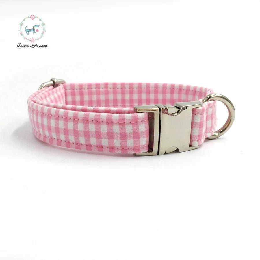 Lisslune | Charming custom pink & white dog collar and leash set with bow tie