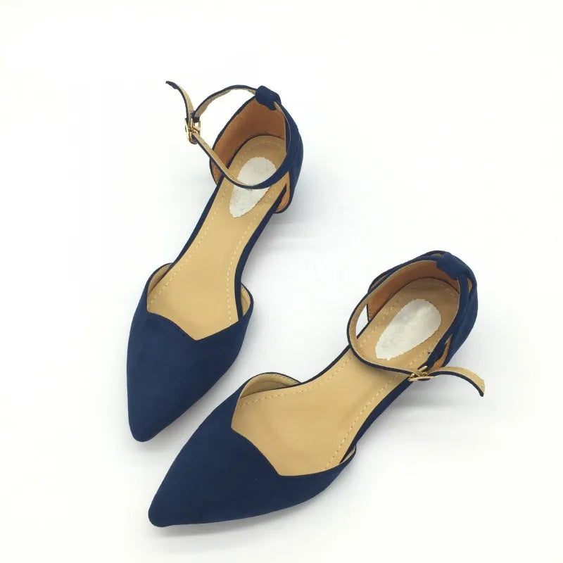 Lisslune | Women's Buckle Straps Low Heels Pumps Pointed Toe Flock D'Orsay Heels Shoes Single Shoe Blue