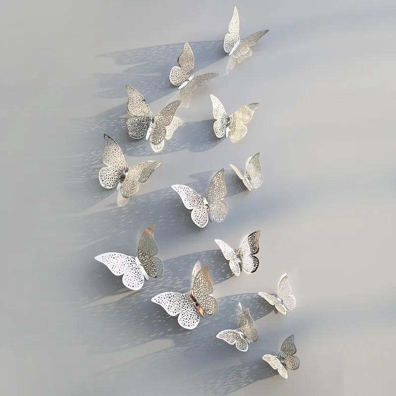 Lisslune | Set of 12 Elegant 3D Butterfly Wall Stickers - Self-Adhesive Decorative Accents in Gold and Silver for Home and Event Decoration
