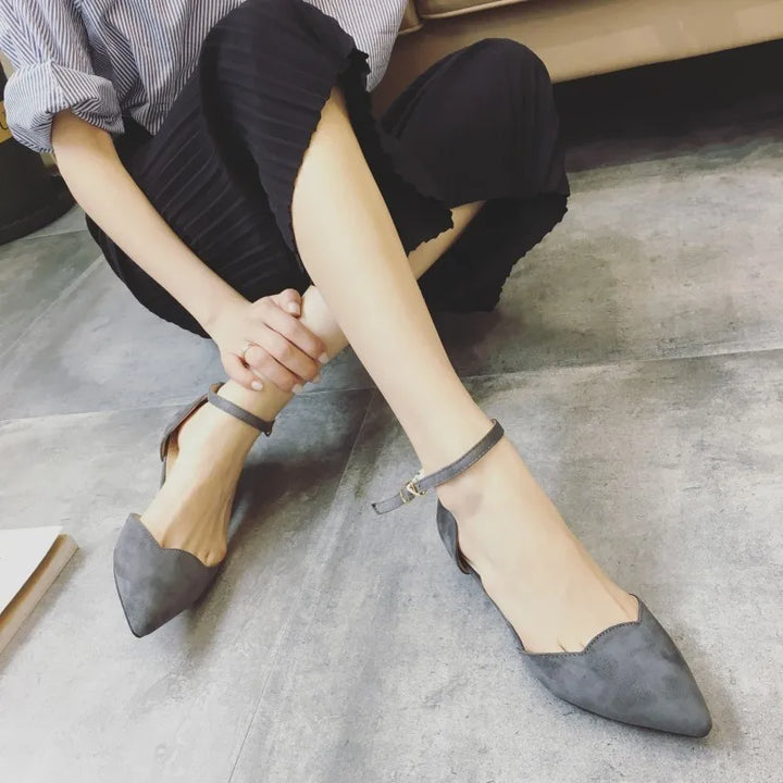 Lisslune | Women's Buckle Straps Low Heels Pumps Pointed Toe Flock D'Orsay Heels Shoes Single Shoe Blue
