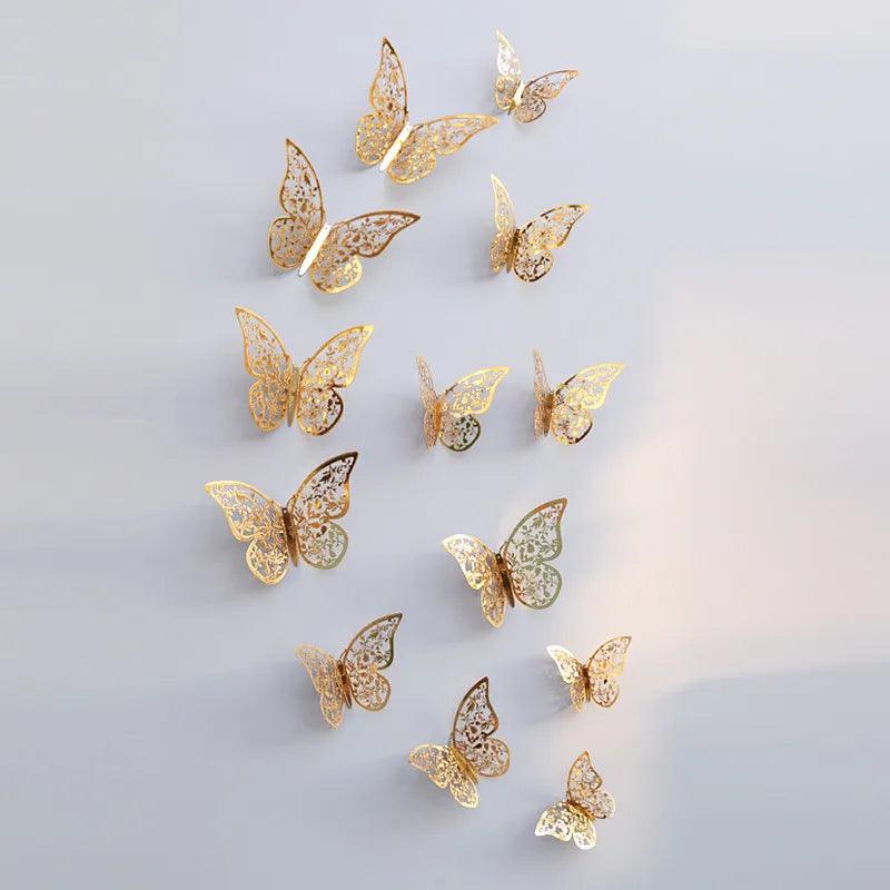 Lisslune | Set of 12 Elegant 3D Butterfly Wall Stickers - Self-Adhesive Decorative Accents in Gold and Silver for Home and Event Decoration