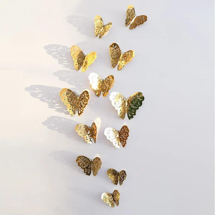 Lisslune | Set of 12 Elegant 3D Butterfly Wall Stickers - Self-Adhesive Decorative Accents in Gold and Silver for Home and Event Decoration