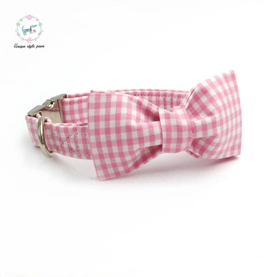 Lisslune | Charming custom pink & white dog collar and leash set with bow tie