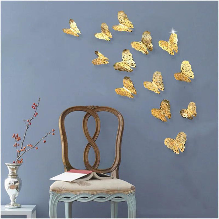 Lisslune | Set of 12 Elegant 3D Butterfly Wall Stickers - Self-Adhesive Decorative Accents in Gold and Silver for Home and Event Decoration