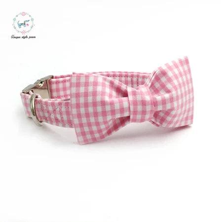 Lisslune | Charming custom pink & white dog collar and leash set with bow tie