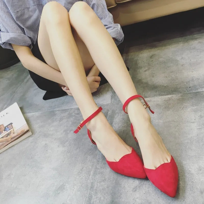 Lisslune | Women's Buckle Straps Low Heels Pumps Pointed Toe Flock D'Orsay Heels Shoes Single Shoe Blue