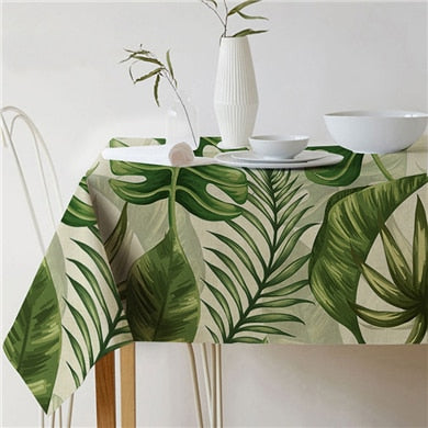 Lisslune | Nordic modern linen cotton square green tropical leaf tablecloth cover cloth