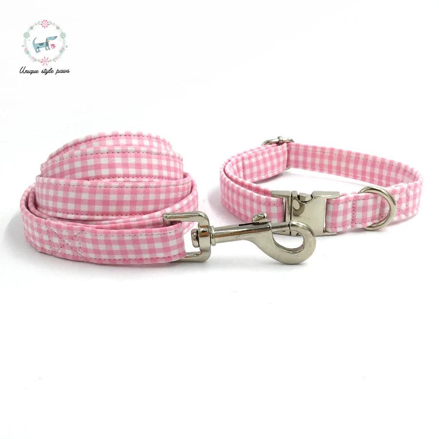Lisslune | Charming custom pink & white dog collar and leash set with bow tie