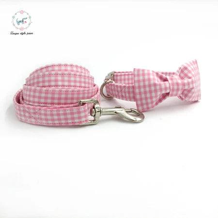 Lisslune | Charming custom pink & white dog collar and leash set with bow tie