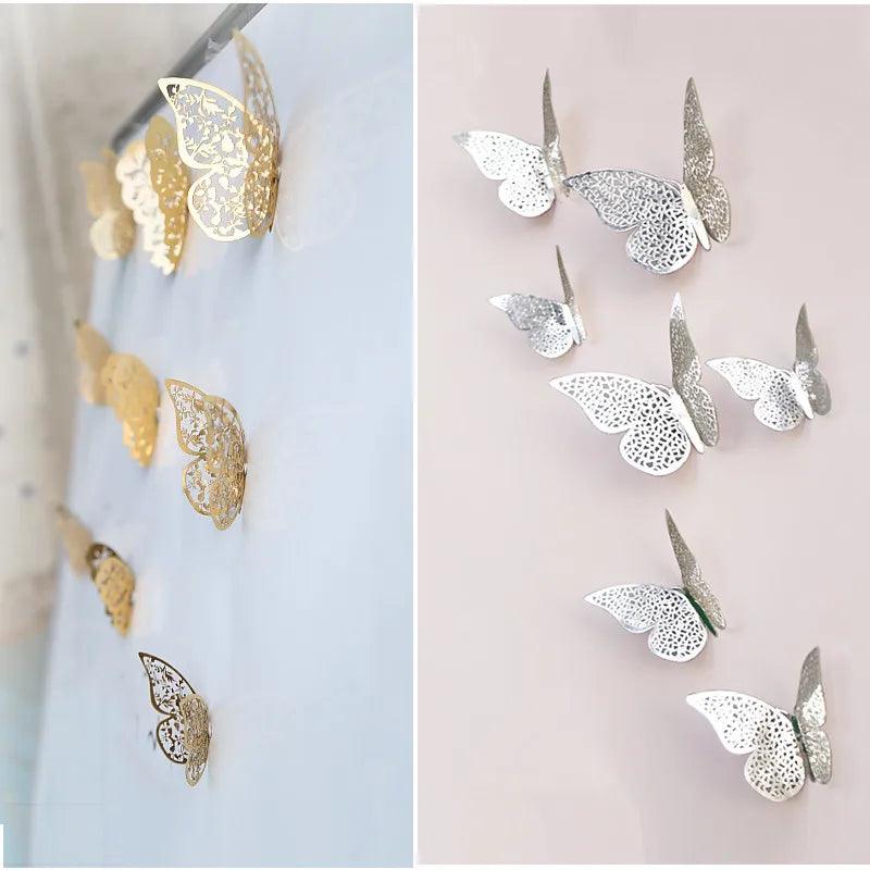 Lisslune | Set of 12 Elegant 3D Butterfly Wall Stickers - Self-Adhesive Decorative Accents in Gold and Silver for Home and Event Decoration