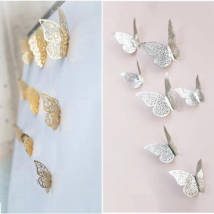 Lisslune | Set of 12 Elegant 3D Butterfly Wall Stickers - Self-Adhesive Decorative Accents in Gold and Silver for Home and Event Decoration