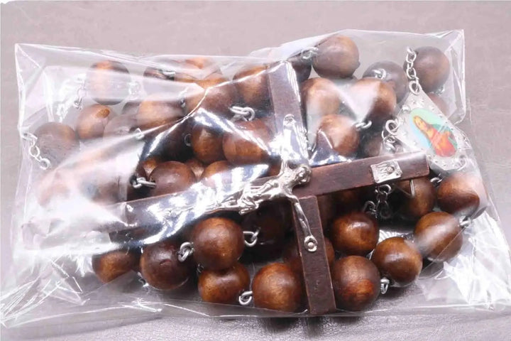 Lisslune | Elegant 110 cm Wooden Bead Rosary Chain with Jesus Cross Charm