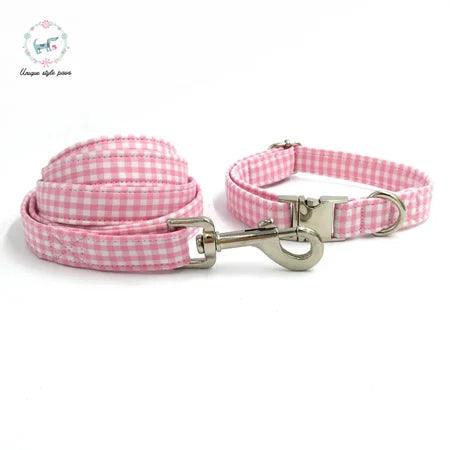 Lisslune | Charming custom pink & white dog collar and leash set with bow tie
