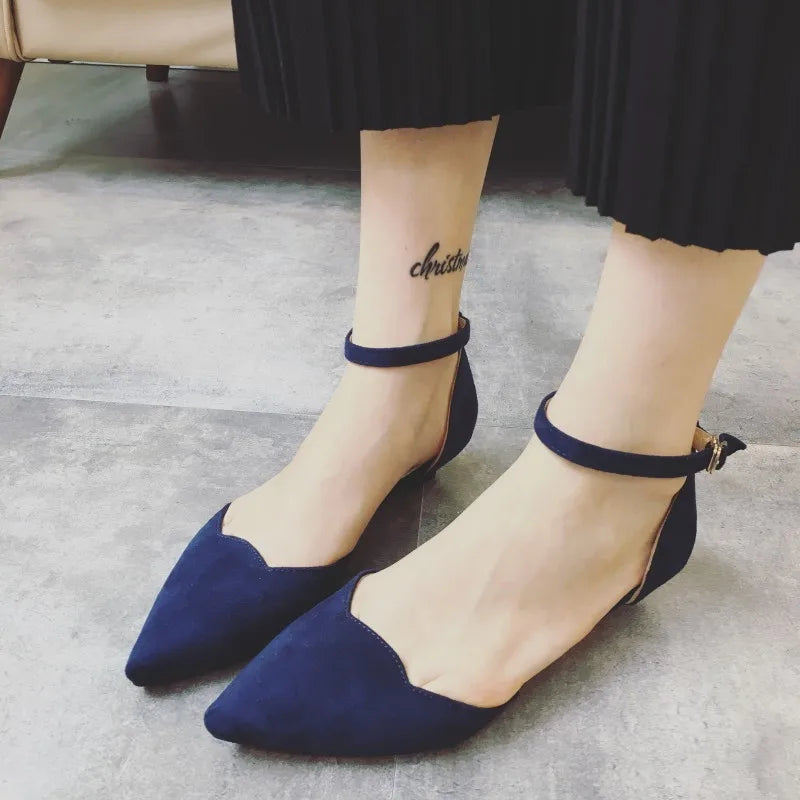 Lisslune | Women's Buckle Straps Low Heels Pumps Pointed Toe Flock D'Orsay Heels Shoes Single Shoe Blue