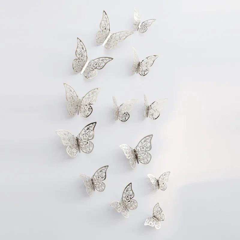 Lisslune | Set of 12 Elegant 3D Butterfly Wall Stickers - Self-Adhesive Decorative Accents in Gold and Silver for Home and Event Decoration