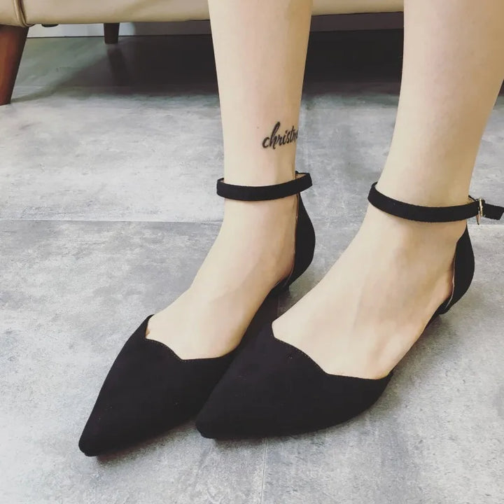 Lisslune | Women's Buckle Straps Low Heels Pumps Pointed Toe Flock D'Orsay Heels Shoes Single Shoe Blue