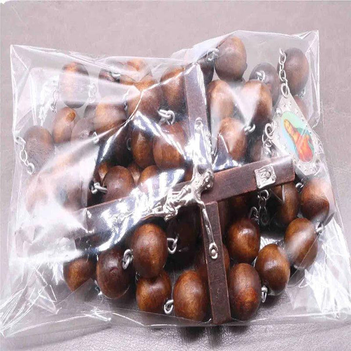 Lisslune | Elegant 110 cm Wooden Bead Rosary Chain with Jesus Cross Charm