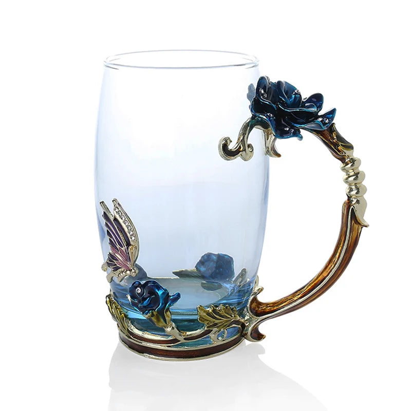 Lisslune | Handcrafted Enamel Coffee Mugs Rose-Glass Tea Cup with Steel Spoon Luxury Unique Gifts for Wedding Valentine's Day Birthday Gifts