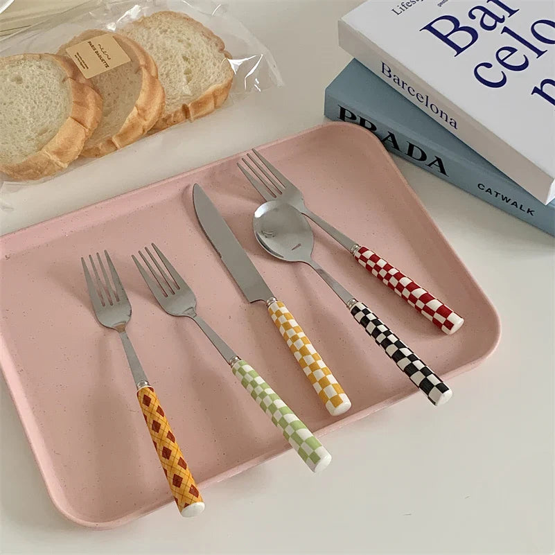 Rynx | Ins Style Dessert Steak Stainless Steel Knife Fork Spoon Cutlery Checkerboard Grid Glossy Ceramic Handle 3 Pieces/Set