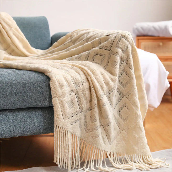 Rynx | Textile City Diamond-shaped Cashmere Sofa Blanket Solid Winter Thickened Knit Fringe Blanket Office Nap Jacquard DIY Towel