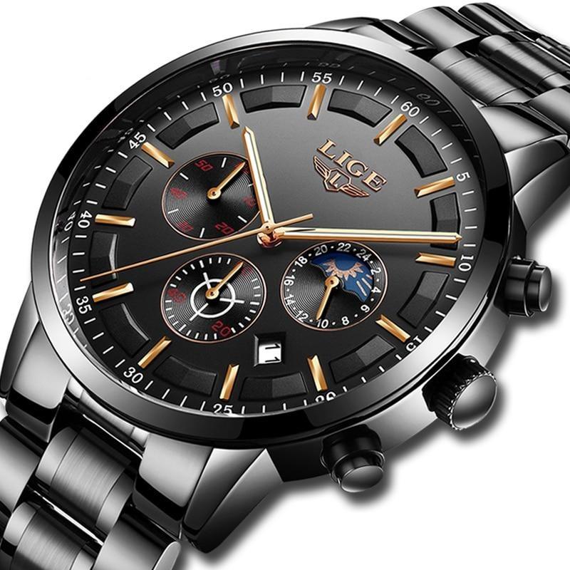 Lisslune | Military Black Steel Watch – Elegant Stainless Steel Men’s Wristwatch with Waterproof Design