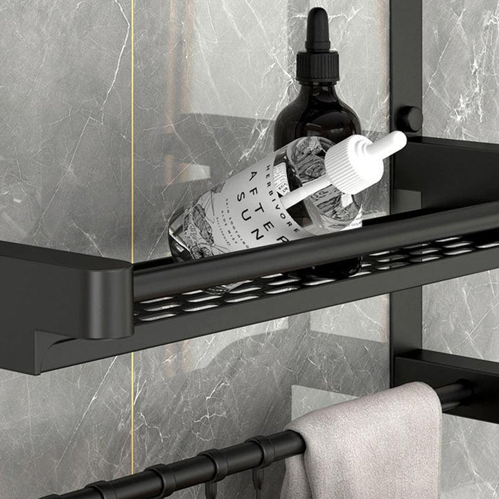 Lisslune | Modern black bathroom storage caddy made of stainless steel with towel holder and superior drainage system