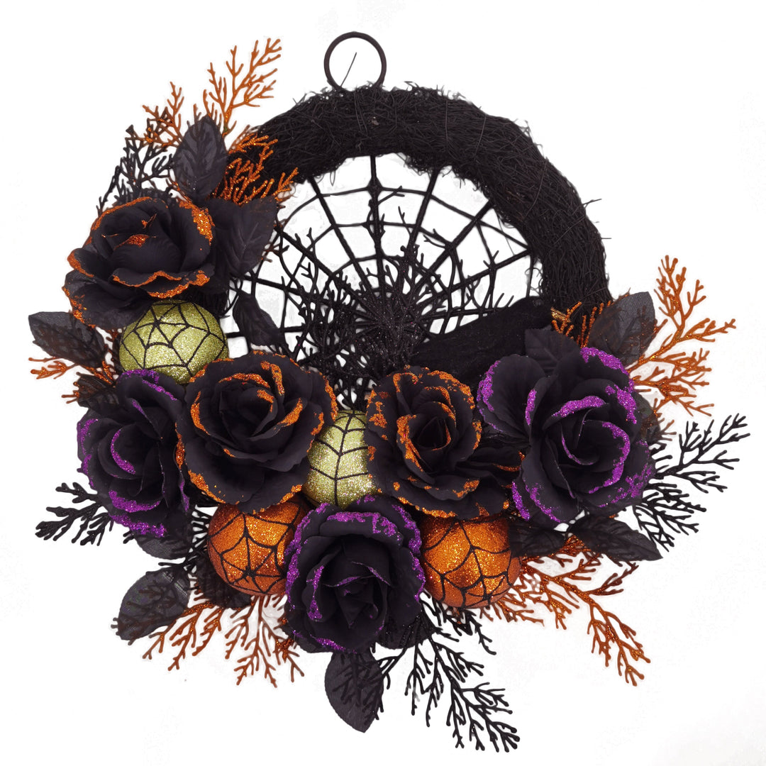 Lisslune | Halloween Gothic Floral Wreath - Black Roses & Spiderweb Front Door Decor with Glitter Accents