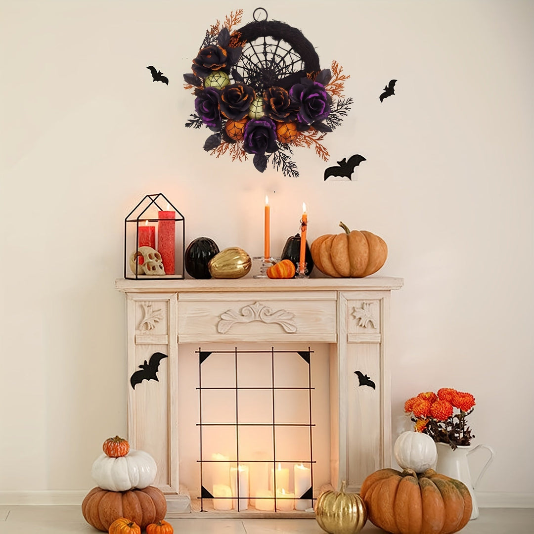 Lisslune | Halloween Gothic Floral Wreath - Black Roses & Spiderweb Front Door Decor with Glitter Accents