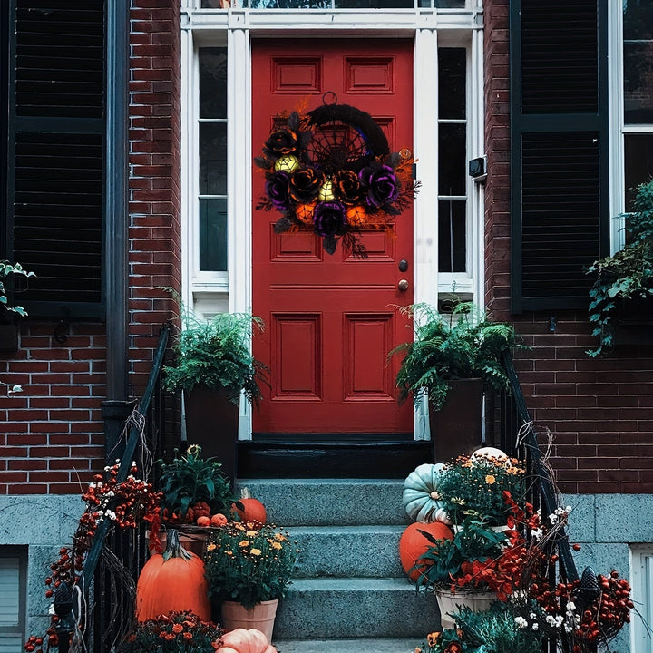 Lisslune | Halloween Gothic Floral Wreath - Black Roses & Spiderweb Front Door Decor with Glitter Accents