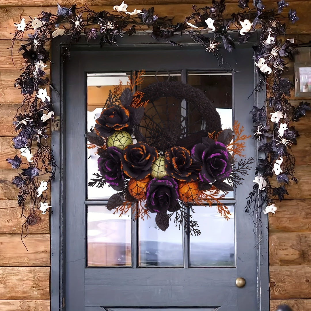 Lisslune | Halloween Gothic Floral Wreath - Black Roses & Spiderweb Front Door Decor with Glitter Accents