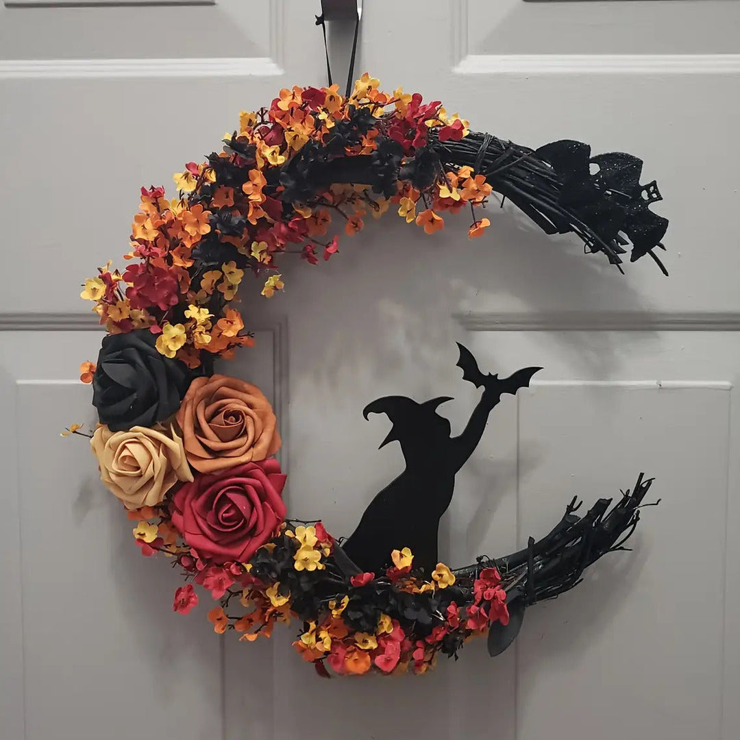 Lisslune | Rustic Witch Wreath – Crescent Moon Halloween Floral Door Decoration