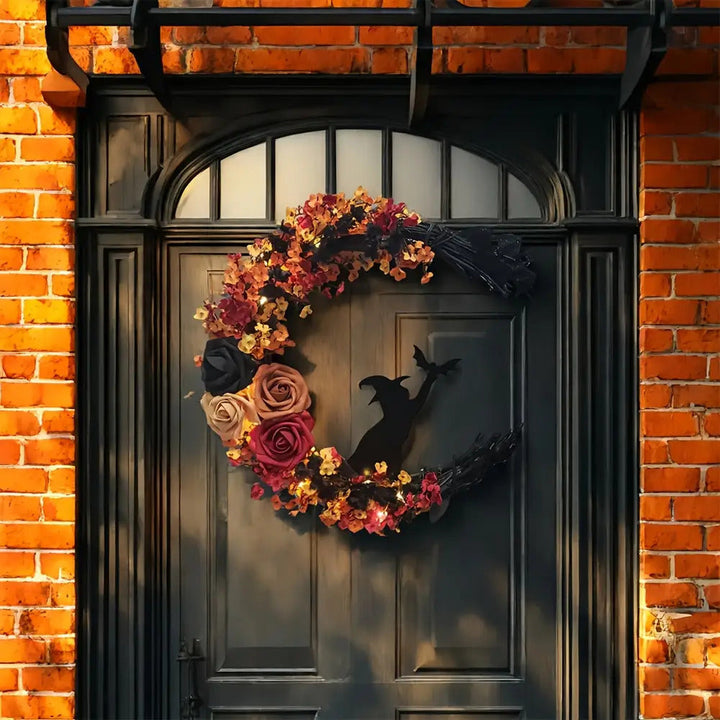 Lisslune | Rustic Witch Wreath – Crescent Moon Halloween Floral Door Decoration